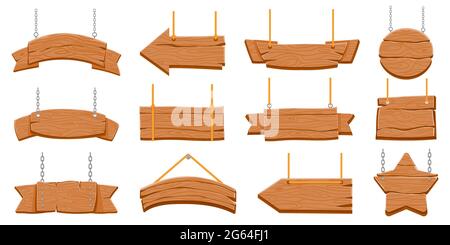 Cartelli in legno appesi alla corda. Striscioni in legno e cartelli con frecce. Tavola rotonda e a stella su catena. Vecchio set vettoriale rustico Illustrazione Vettoriale