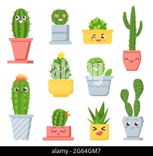 Cute cactus con volti. Cartoon pentola succulente piante personaggi con emoji. Cactus tropicali sorridenti con faccia divertente in flowerpots insieme vettoriale Illustrazione Vettoriale