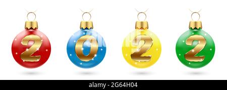 Decorazioni natalizie con numeri 2022 - palline con diamanti frizzanti. Felice anno nuovo e auguri di buon Natale. Un set di quattro giocattoli in diversi Illustrazione Vettoriale