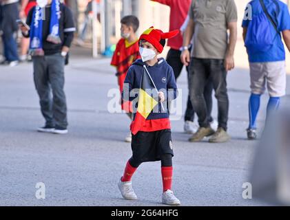 Monaco, Germania. 02 luglio 2021. Il giovane sostenitore belga ha ritratto in vista di una partita di calcio durante il quarto finale del Campionato europeo Euro 2020 tra la nazionale belga di calcio Red Devils e l'Italia, chiamato Azzurri, venerdì 2 luglio 2021 nella Allianz Arena di Munchen, Germania . PHOTO SPORTPIX | SPP | DAVID CATRY Credit: SPP Sport Press Photo. /Alamy Live News Foto Stock