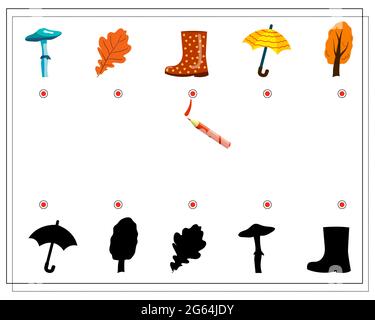 Trova l'ombra giusta per un fungo, uno scarpone, un albero, un ombrello. Un gioco logico per i bambini. Vettore isolato su sfondo bianco. Illustrazione Vettoriale