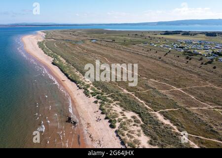 Veduta aerea della spiaggia di Dornoch, Dornoch, Sutherland, Scozia. Foto Stock