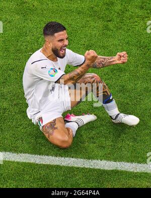 Monaco, Germania. 02 luglio 2021. Lorenzo Insigne, ITA 10 punteggi, spara goal, Tor, Treffer, 0-2, celebra il suo obiettivo, felice, ridere, celebrazione, Nella partita finale Belgio - ITALIA al Campionato europeo di calcio UEFA 2020 nella Stagione 2020/2021 il 02 luglio 2021 a Monaco di Baviera, Germania. Credit: Peter Schatz/Alamy Live News Foto Stock