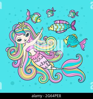 Carino sirena con pesce. Illustrazione per bambini. Vettore Illustrazione Vettoriale