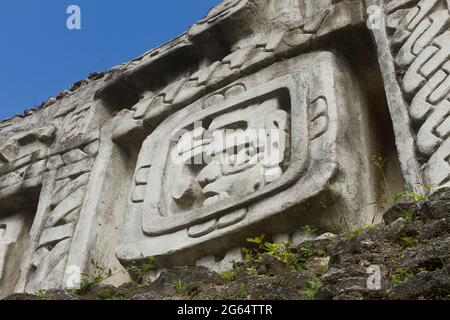 Un primo piano di un fregio in stucco su "El Castillo" di Xunantunich raffigura il profilo di un dio Maya. Foto Stock