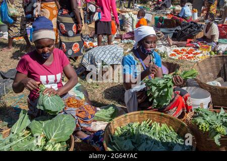 Donne che vendono kale fresco nel mercato locale Foto Stock