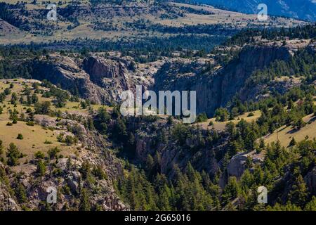 L'abisso di Sunlight Creek lungo Chief Josepth Scenic Byway, Shoshone National Forest, Wyoming, USA Foto Stock