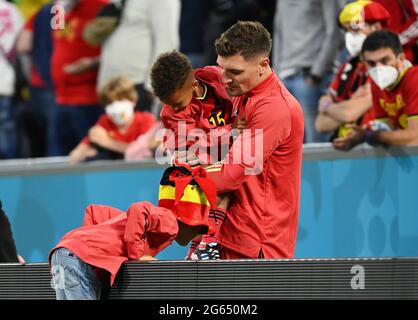 Monaco, Germania. 02 luglio 2021. Calcio: Campionato europeo, Belgio - Italia, finale, quarto finale nella EM Arena di Monaco. Il belga Thomas Meunier dopo la partita. Credit: Federico Gambarini/dpa/Alamy Live News Foto Stock