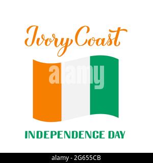 Costa d'Avorio Independence Day calligrafia con bandiera. Festa nazionale festeggia il 7 agosto. Modello vettoriale per banner poster tipografico, fl Illustrazione Vettoriale