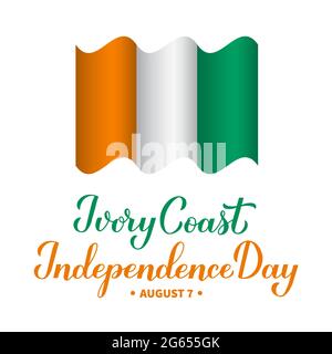 Costa d'Avorio Independence Day calligrafia con bandiera. Festa nazionale festeggia il 7 agosto. Modello vettoriale per banner, poster tipografico, f Illustrazione Vettoriale