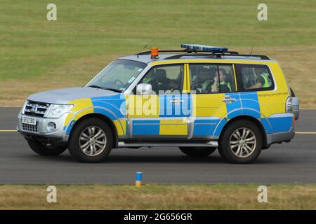 SF12 CBO, uno shogun Mitsubishi gestito dalla polizia scozzese, pattugliando Prestwick Airport durante la visita del presidente degli Stati Uniti Donald Trump. Foto Stock