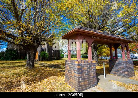 Chiesa Anglicana di St James circondata da alberi con foglie d'autunno colorate, Guyra, NSW, Australia Foto Stock