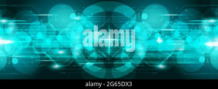 Arte e Illustrazione cyber digitale verde con cerchio trasparente e sfondo luminoso, brillante, flash chiaro Illustrazione Vettoriale