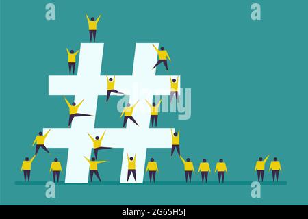 Le persone si riuniscono su un segno hashtag. Concetto per la campagna hashtag Illustrazione Vettoriale