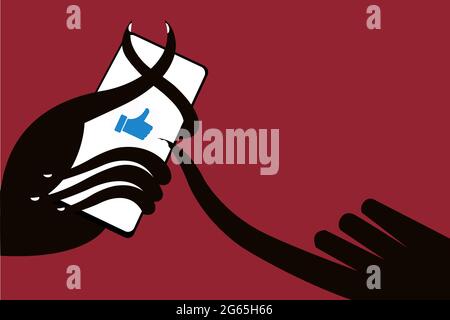 Polpo come le mani che tengono uno smartphone. Concetto di dipendenza da smartphone Illustrazione Vettoriale