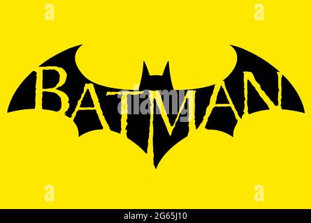 Bologna / Italia - 30 giugno 2021: Il famoso logo Batman, isolato su sfondo giallo, per celebrare l'82° compleanno di Batman. Foto Stock