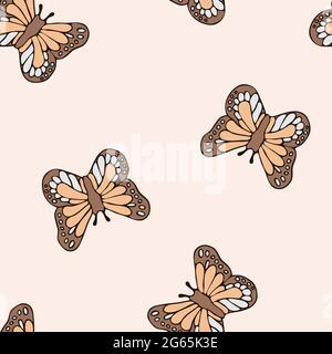 Modello vettoriale senza giunture con farfalle su sfondo rosa. Semplice e delicato design vintage della carta da parati. Decorativo morbido estate bug moda tessile. Illustrazione Vettoriale