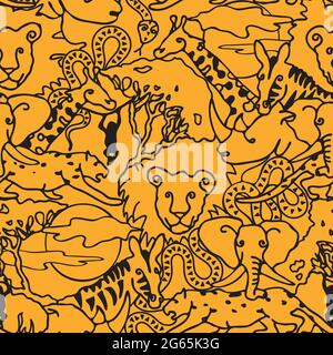 Modello vettoriale senza cuciture con animali da safari su sfondo giallo. Carta da parati Africana line art per bambini. Tessuto di moda animale tropicale semplice. Illustrazione Vettoriale