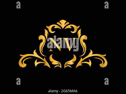 Lettere Alfabeto di lusso NV. Alfabeto floreale dorato . Le iniziali del monogramma perfettamente per gli inviti di nozze, il biglietto di auguri, il logo ed altro disegno. Illustrazione Vettoriale