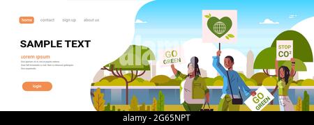 attivisti che tengono manifesti andare verde salvare pianeta sciopero concept dimostranti campagna per proteggere la terra che dimostra contro il riscaldamento globale ritratto Illustrazione Vettoriale