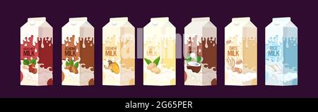 impostare il latte vegano in confezioni di carta scatole di latte biologico naturale crudo vegano latte vaccino sano bevanda alternativa orizzontale Illustrazione Vettoriale
