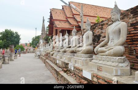 Statue di Buddha che si allineano in un tempio ad Ayutthaya, Thailandia Foto Stock