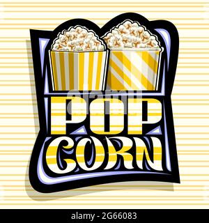 Logo vettoriale per Pop Corn, cartellone decorativo scuro con illustrazione di due secchi popcorn salato, poster quadrato con scritta a pennello unica per w Illustrazione Vettoriale