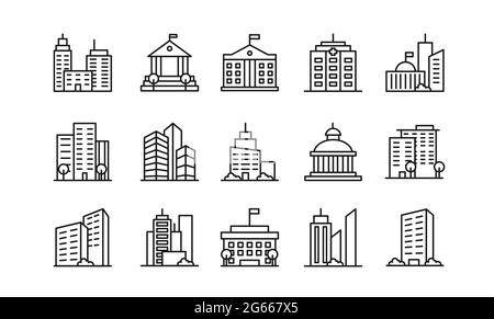 Set di icone lineari per gli edifici della grande città. Architettura urbana. Istituzioni statali, monumenti religiosi e culturali. Centri educativi e residenziali Illustrazione Vettoriale