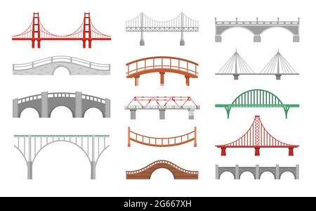 Set di illustrazioni vettoriali piatte di ponti diversi. Vari bridgeworks isolati su sfondo bianco. Grandi ponti urbani e piccoli ponti di legno impacchettare. Città enorme Illustrazione Vettoriale