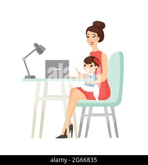 MOM home working, freelance, business flat cartoon concetto di carattere illustrazione vettoriale Illustrazione Vettoriale