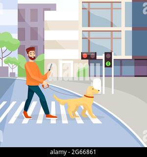 Uomo che attraversa la strada con guida-cane piatto vettore illustrazione. Crosswalk, semaforo verde segnale. Concetto di assistenza alle persone cieche. Ragazzo con animale domestico Illustrazione Vettoriale