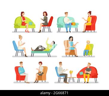 Insieme di illustrazioni vettoriali piatte per psicologi. Consultazione psicologica, aiuto psicoterapeutico, soluzione dei problemi mentali. Psicoterapeuti e pazienti Illustrazione Vettoriale