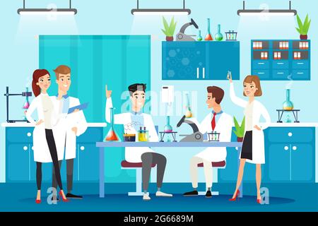 Illustrazione vettoriale piatta del laboratorio scientifico. Esperimento di laboratorio chimico, studio, ricerca. Persone in abiti bianchi, scienziati sul posto di lavoro che lavorano Illustrazione Vettoriale