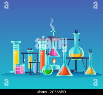 Illustrazione vettoriale piatta dei matracci di vetro. Articoli di laboratorio scientifici, apparecchiature di laboratorio chimico, attributi di esperimento. Contenitori con liquido colorato in Illustrazione Vettoriale