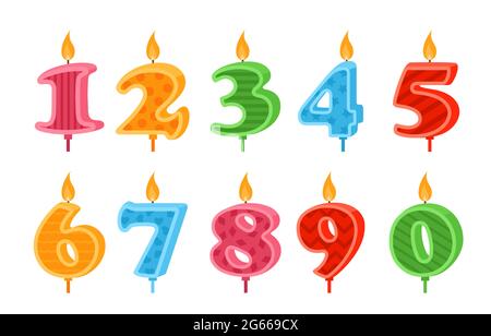 Set di illustrazioni vettoriali piatte colorate con numeri di candele. Illustrazione Vettoriale