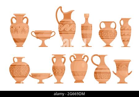 Set di illustrazioni vettoriali piatte per vasi greci. Anfora in ceramica antica con collezione di motivi. Antica Grecia vasaio con ornamento isolato design Illustrazione Vettoriale