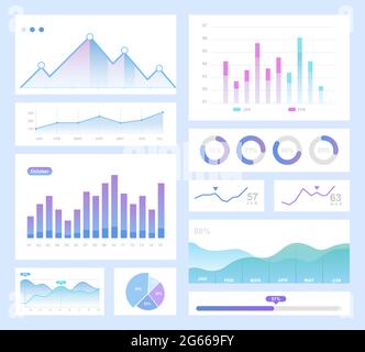 Set di illustrazioni vettoriali a colori infografiche. Grafici a torta di informazioni, diagramma, pacchetto di elementi di progettazione isolati con grafici. Cerchi di processo, progresso. Diagramma di flusso per Illustrazione Vettoriale