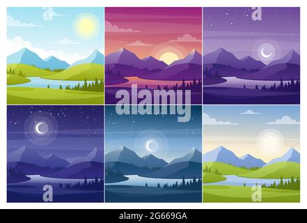 Paesaggi della natura a diversi giorni flat illustrazioni vettoriali set Illustrazione Vettoriale