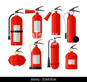 Set di illustrazioni vettoriali piatte colorate per estintori antincendio. Primo avviso, emergenza. Attrezzature antincendio. Pacchetto di utensili antifiamma isolato Illustrazione Vettoriale