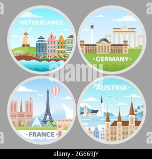 Set di illustrazioni vettoriali piatte per magneti per paesi europei Illustrazione Vettoriale