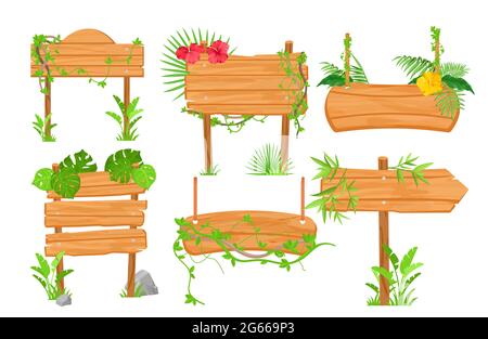 Set di illustrazioni vettoriali piatte per cartelli in legno della giungla Illustrazione Vettoriale