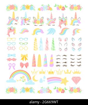 Set di illustrazioni del kit costruttore vettoriale piatto Unicorn Illustrazione Vettoriale