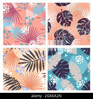 Jungle lascia un vettore piatto senza giunture impostato. Fogliame tropicale in stile memphis creativo. Astratto colorato flora foresta pluviale decorativo Illustrazione Vettoriale