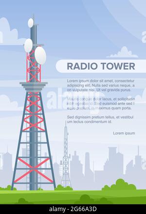 Modello di poster vettoriale piatto della radio a torre. Tecnologia wireless per telecomunicazioni e trasmissioni layout di banner informativi con spazio di testo Illustrazione Vettoriale