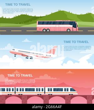 Tempo di viaggio vettore banner web set di modelli. Pubblicità agenzia turistica disegni pack. Trasporto di vie aeree, ferroviarie e su strada. Aereo, autobus e. Illustrazione Vettoriale