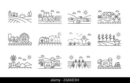 Set lineare bianco e nero icone agricole Illustrazione Vettoriale