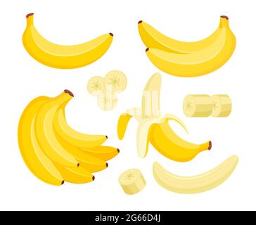 Set di illustrazioni vettoriali piatte colorate con banana gialla Illustrazione Vettoriale