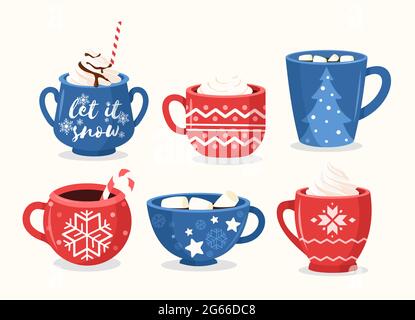 Set di illustrazioni vettoriali piatte per le tazze di Natale. Tazze festive con ornamenti, albero di Capodanno, fiocchi di neve e lettere. Tazze con caffè e cacao Illustrazione Vettoriale