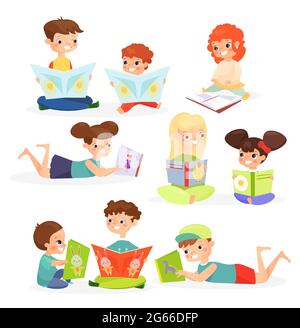 Bambini che leggono libri flat vettoriale illustrazioni set. Carino bambini che godono di storie infantile personaggi cartoni animati. Bambini allegri con libri di testo Illustrazione Vettoriale