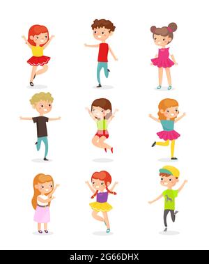 Kids jumping flat vector illustrations set. Joyful children in motion cartoon characters pack. Carefree preschoolers having fun isolated on white Illustrazione Vettoriale